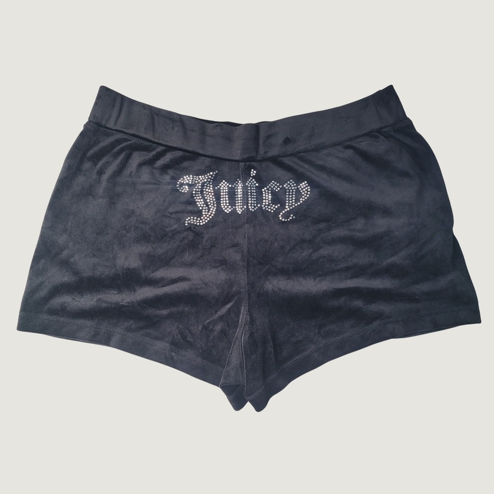 Juicy Couture Black Velour Rhinestone Logo Lounge Shorts Womens XL Y2K Bling